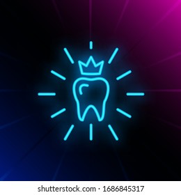 Teeth care neon sign. Luminous signboard with tooth and crown. Night bright advertisement. Vector illustration in neon style for dentistry, healthcare service, teeth whitening