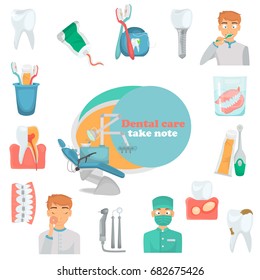 Teeth care set color flat icons for web and mobile design. Dental service icons