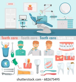 Teeth care set color flat icons for web and mobile design. Dental office color illustration