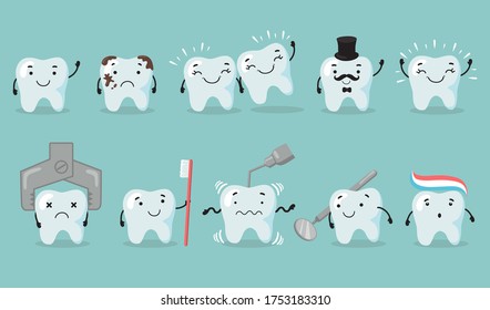 Teeth care set. Tooth cartoon character suffering from cavity. Sad or happy shiny teeth, dentist tools, toothbrush, dental care. Flat vector illustration.