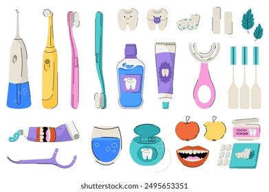 Teeth care tools mega set elements in flat cartoon graphic design. Bundle objects of tooth brushes, chewing gum, whitening strips, mint, toothpaste, dental floss, mouth, other. Vector illustration.