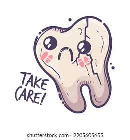 Teeth care treatment collection. Dental medicine theme for posters, leaflets, books, stickers. Tooth illustration with cute emotion. Vector hand drawn style.