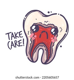 Teeth care treatment collection. Dental medicine theme for posters, leaflets, books, stickers. Tooth illustration with cute emotion. Vector hand drawn style.