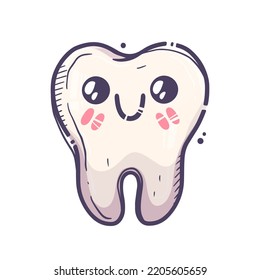 Teeth care treatment collection. Dental medicine theme for posters, leaflets, books, stickers. Tooth illustration with cute emotion. Vector hand drawn style.