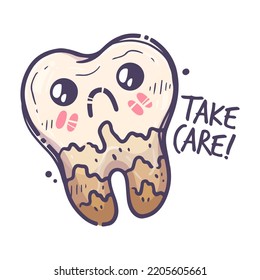 Teeth care treatment collection. Dental medicine theme for posters, leaflets, books, stickers. Tooth illustration with cute emotion. Vector hand drawn style.