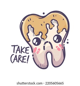 Teeth care treatment collection. Dental medicine theme for posters, leaflets, books, stickers. Tooth illustration with cute emotion. Vector hand drawn style.