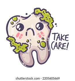 Teeth care treatment collection. Dental medicine theme for posters, leaflets, books, stickers. Tooth illustration with cute emotion. Vector hand drawn style.