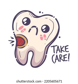 Teeth care treatment collection. Dental medicine theme for posters, leaflets, books, stickers. Tooth illustration with cute emotion. Vector hand drawn style.