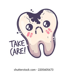 Teeth care treatment collection. Dental medicine theme for posters, leaflets, books, stickers. Tooth illustration with cute emotion. Vector hand drawn style.