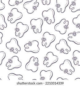 Teeth care treatment collection. Dental medicine theme pattern for posters, leaflets, books, stickers. Illustrations of teeth teeth with caries. Vector hand drawn style.