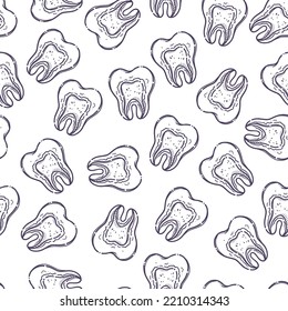 Teeth care treatment collection. Dental medicine theme pattern for posters, leaflets, books, stickers. Illustrations of teeth with pulpitis.  Vector hand drawn style.