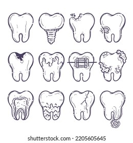 Colección de tratamiento de cuidado de dientes. El tema de la medicina dental se centra en afiches, folletos, libros, pegatinas. Ilustraciones de dientes con diferentes tipos de enfermedades. Estilo dibujado a mano por vectores.