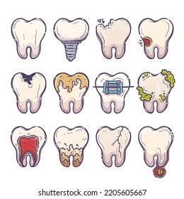 Colección de tratamiento de cuidado de dientes. El tema de la medicina dental se centra en afiches, folletos, libros, pegatinas. Ilustraciones de dientes con diferentes tipos de enfermedades. Estilo dibujado a mano por vectores.