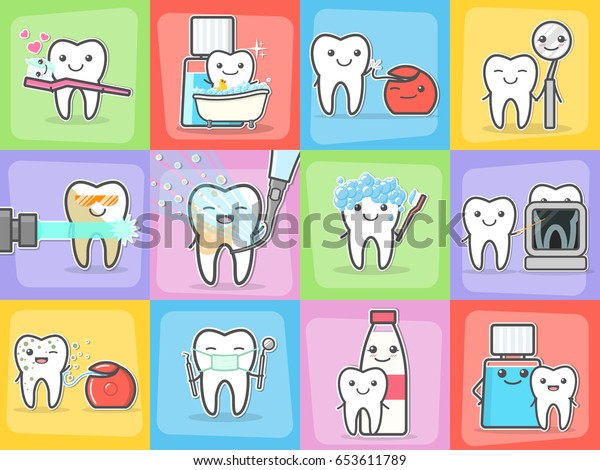 牙齿护理治疗和卫生概念集 健康的快乐牙齿 矢量插图库存矢量图 免版税