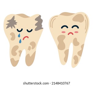 Teeth with caries. Sad cartoon tooth with a disease and a hole. Dental care. For children instructions on brushing teeth, printing and booklets. Vector Hand draw illustration 