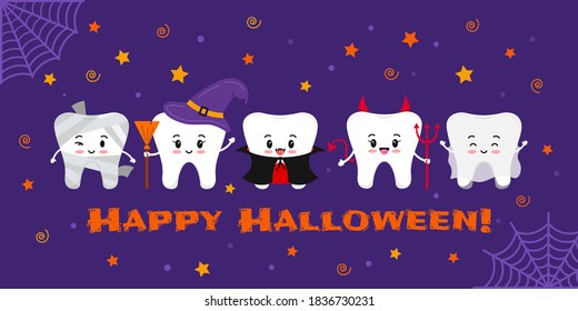 Teeth in carnival costume on dental Happy Halloween greeting card. Cute halloween character - witch tooth, mummy,  vampire, devil, ghost. Flat design cartoon style vector dentist banner illustration.