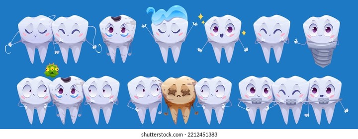 Teeth cartoon characters, clean and dirty tooth personages isolated set. Dental whitening and cleaning oral cavity, implant, enamel caries, health care, stone, bacteria, toothpaste Vector illustration