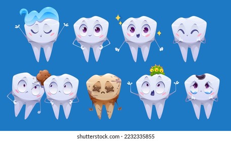 Personajes de dibujos animados dientes, personajes de dientes limpios y sucios. Limpieza dental y limpieza de cavidades orales, caries de esmalte, atención de salud, piedra, pasta dental aislada en fondo azul, ilustración vectorial