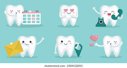 teeth cartoon characters for dental website design, social media, banner, card. Signs of appointment, call us, contact, email, location, love, care, kiss. Stomatology concept. Vector illustration