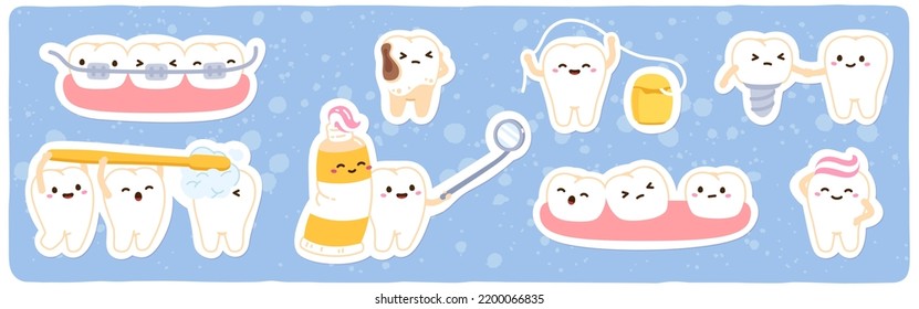 Teeth cartoon characters dentistry set. Healthy, unhealthy teeth brushing with toothbrush. Wisdom tooth, plaque, braces, dental floss. Medical health care, hygiene concept  flat vector illustration