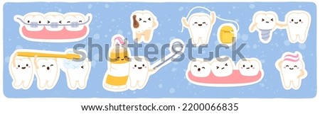 Teeth cartoon characters dentistry set. Healthy, unhealthy teeth brushing with toothbrush. Wisdom tooth, plaque, braces, dental floss. Medical health care, hygiene concept  flat vector illustration