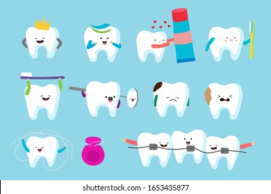 Teeth cartoon characters, set of isolated cute mascots for dental care hygiene vector illustration. Happy healthy tooth with toothbrush and paste, unhappy with caries. Children dentistry healthcare