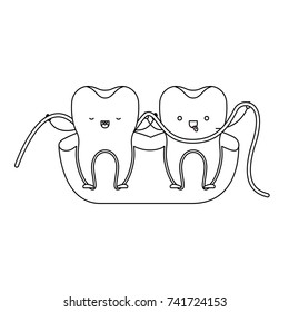 teeth cartoon and dental floss between them and holding hands in monochrome silhouette vector illustration