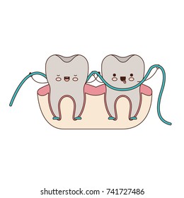 teeth cartoon and dental floss between them and holding hands in colorful silhouette vector illustration