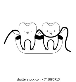 teeth cartoon and dental floss between them and holding hands in black silhouette vector illustration