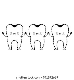 teeth cartoon holding hands in black dotted silhouette vector illustration