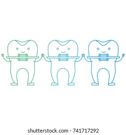 teeth cartoon holding hands with dental braces in degraded green to blue color contour vector illustration