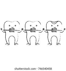 teeth cartoon holding hands with dental braces in monochrome blurred silhouette vector illustration
