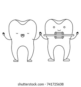 teeth cartoon holding hands and one with dental brace in monochrome silhouette vector illustration