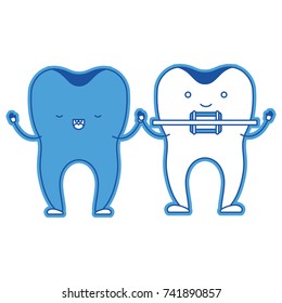 teeth cartoon holding hands and one with dental brace in blue silhouette vector illustration