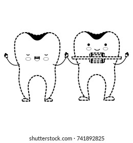 teeth cartoon holding hands and one with dental brace in black dotted silhouette vector illustration