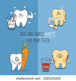 Teeth cartoon set. Best and worst habits for your teeth. Tooth with milk, carrot, soda, and cigarette. Cute and funny characters for your dentistry design or like a standalone illustration.