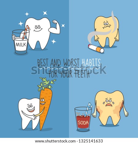 Teeth cartoon set. Best and worst habits for your teeth. Tooth with milk, carrot, soda, and cigarette. Cute and funny characters for your dentistry design or like a standalone illustration.