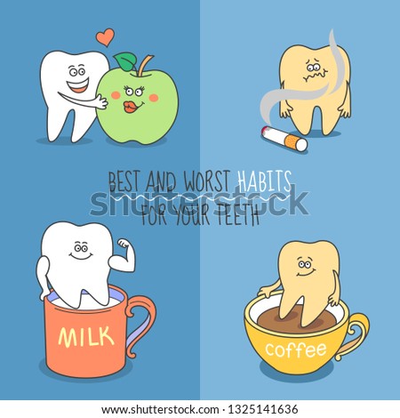 Teeth cartoon set. Best and worst habits for your teeth. Tooth with an apple, milk, coffee, and a cigarette. Cute and funny characters for your dentistry design or like a standalone illustration.