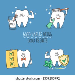 Teeth cartoon set. Tooth with milk, toothbrush, checklist, and shield mark. Good habits bring good result. Cute and funny characters for dentistry design or a standalone illustration.