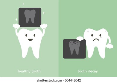 teeth cartoon vector, healthy tooth and tooth decay holding dental x-ray film