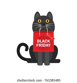 In the teeth of a cat with a package of purchases, a black Friday, a Christmas sale. Design of a bag design. Vector illustration EPS10.