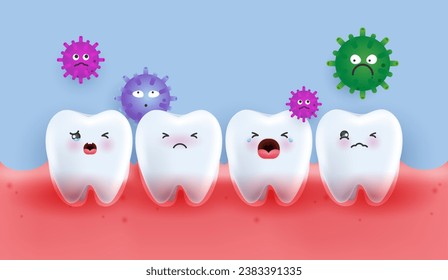 El personaje de los dientes llora por los gérmenes. diente adecuado para clínica dental infantil. carácter dental para los niños. linda mascota del dentista para aplicaciones médicas, sitios web y hospitales. diseño vectorial.