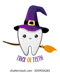 Teeth character in witch costume with broom and witch hat - Happy Halloween illustration. Handmade lettering print. Good for prints on t-shirt and bag, poster, card. Dental prevention for children.