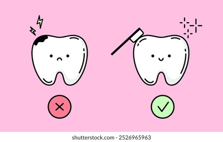 Teeth characters. Healthy and bad tooth. Dental care concept. Healthy and clean tooth with smile. Sad sick tooth with caries and microbes. Vector illustration of orthodontics, dentistry. For Children