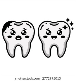 Teeth Characters Healthy Smiling Tooth and Sad Sick Tooth with Caries Vector