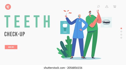 Teeth Check Up Landing Page Template. Dental Office Staff at Work. Stomatology, Dentistry Concept. Dentists with Equipment for Tooth Caries Treatment. Doctors in Cabinet. Cartoon Vector Illustration