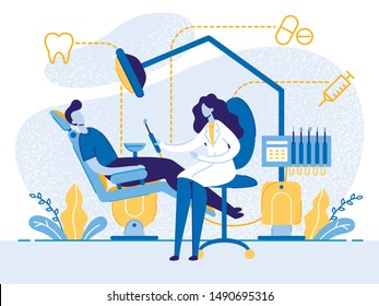 Teeth Checkup, Medical Examination Flat Cartoon Vector Illustration. Patient Sitting in Dental Chair and Woman Dentist Characters. Stomatology Visit, Dental Office Equipment. Healthcare, Treatment.