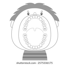 The teeth of a child in the mixed dentition stage with a wide-open mouth.