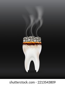 Teeth cigarette. Dangers of smoking effect on human tooth. Dental care concept. Stop smoking, World No Tobacco Day. 3D Vector illustration on black background.