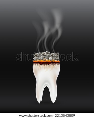 Teeth cigarette. Dangers of smoking effect on human tooth. Dental care concept. Stop smoking, World No Tobacco Day. 3D Vector illustration on black background.